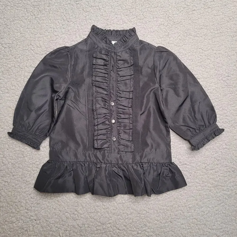 Ralph Lauren Blouse Girls 9M Black Satin Ruffle Mock Neck Party Top Holiday